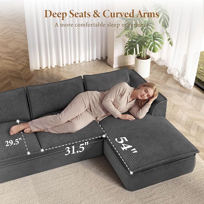 Vesgantti 141.7" U Shaped Boneless Sectional Couch, Modern 6 Seater Modular Sofa with Chaise & Ottoman, Deep Seat Corduroy Cloud Couches for Living Room, No Assembly Required, Dark Gray