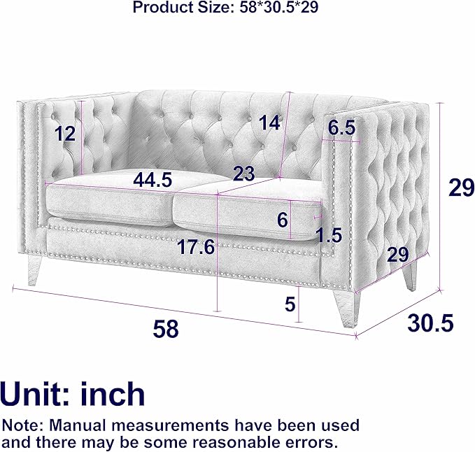 KEIKI Tufted Velvet 2 Seat Sofa Couch for Living Room, Buttons Tufted Square Arm Couch for Home Apartment, Gray