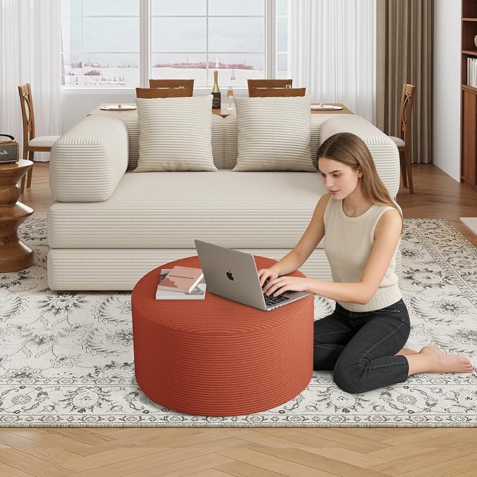 Round Coffee Table 32" Ottoman for Corduroy Cloud Sectional Couches in a Box Memory Foam Compressed Pouf Footstool Rest for Living Room, Bedroom, Makeup Room No Assembly Require (Orange, 32")