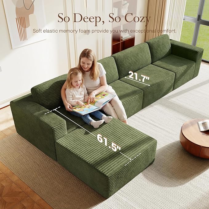 Vesgantti 159" Large Modular Sectional Sofa, L-Shaped Corduroy Cloud Couch with Deep Seats & Spring Support, 4-Seater Boneless Sofa with Movable Ottoman, No Assembly Needed, Green