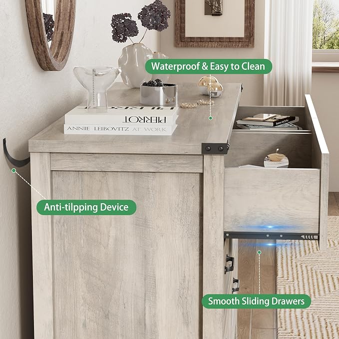 Dresser for Bedroom with 6 Drawers, 48" Wide Wood Chest of Drawers with Deep Drawers & Mental Handle, Modern Dresser TV Stand, Wooden Closet Storage Organizer for Living Room, Hallway, Entryway, Grey - Image 6