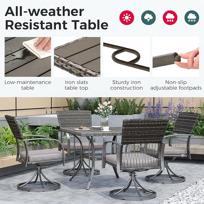 Pamapic 5-Piece Outdoor Dining Set with Swivel Chairs, Rattan Patio Furniture for Backyard, Deck, Garden, Weather-Resistant Iron Slats Table & 4 Chairs with Removable Cushions (Grey) - Image 6