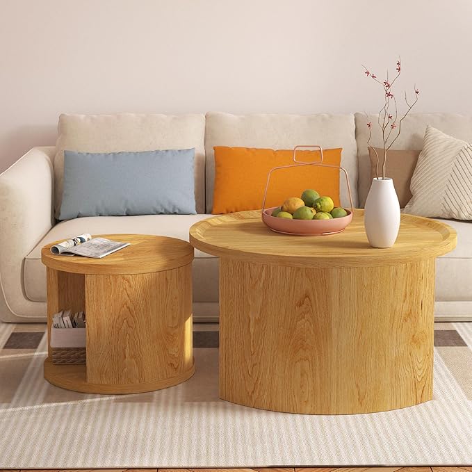 Round Nesting Coffee Table Set of 2, Mid Century Modern Circle Coffee Table, 31.5"&18" Wooden Circle Accent Tables with Wood Top, Minimalist Center Table, Space-Saving Side Table Set for Living Room
