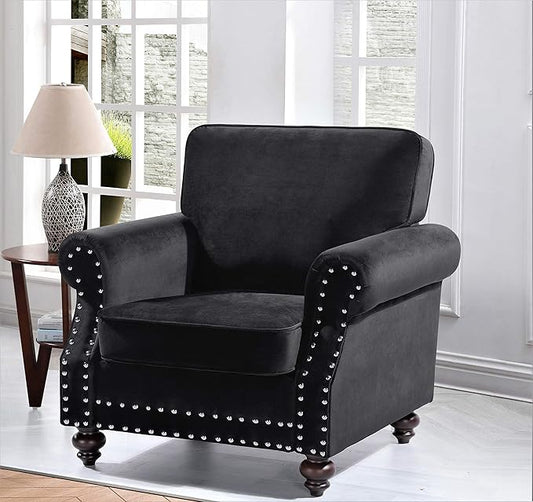 Lotus Mid Century Modern Velvet Upholstered Living Room Rolled Arms, Chair, 38", Black