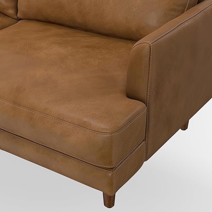 SIMPLIHOME Livingston Sofa - 90 inch Wide Top Grain Genuine Leather Sofa in Caramel Brown, Mid-Century Modern 3-Seater Couch for Living Room with Feather-Wrapped Cushions and Solid Wood Frame