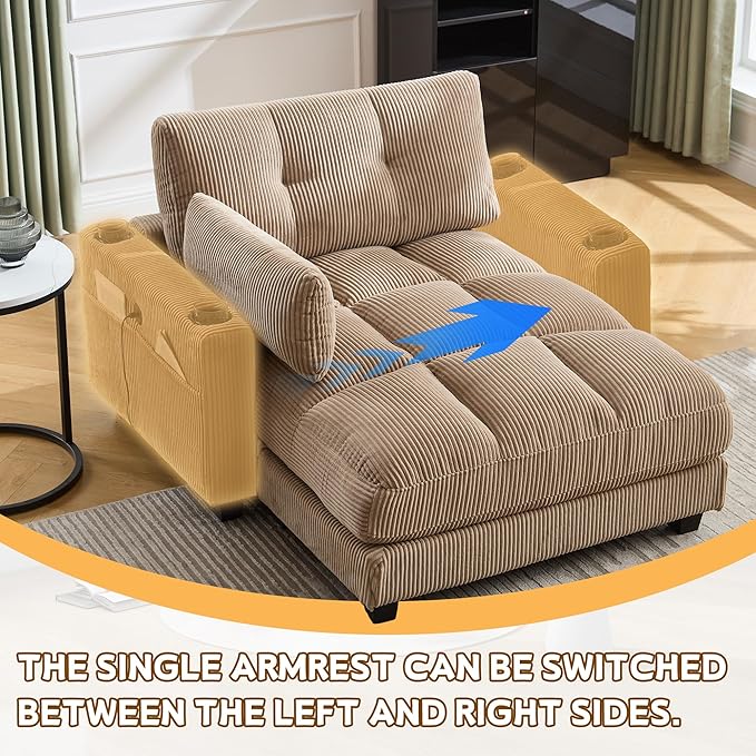 Oversized Lounge Chaise Convertible Sleeper Sofabed, Corduroy Sleeper Daybed Indoor Recliner Chair Sofa Bed with Cupholders and Adjustable Headrests for Living Room Bedroom Reading Home Apartment