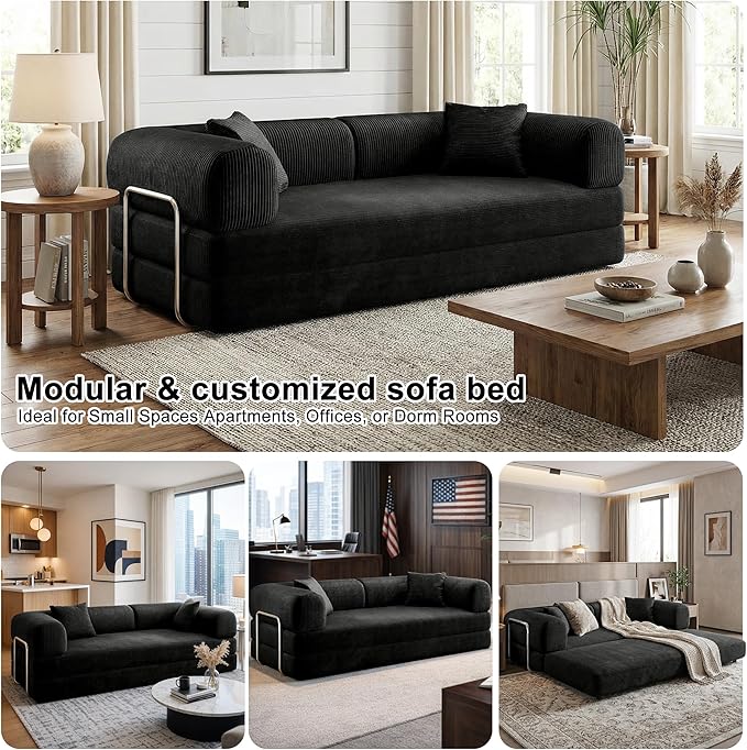 78 Inch Folding Convertible Sofa Bed, 4-in-1 Oversized Cloud Corduroy Upholstered Boneless Couch, Loveseat Sleeper with Pull Out Bed, Modular Futon Floor Sofa Couch for Living Room Bedroom Lounge