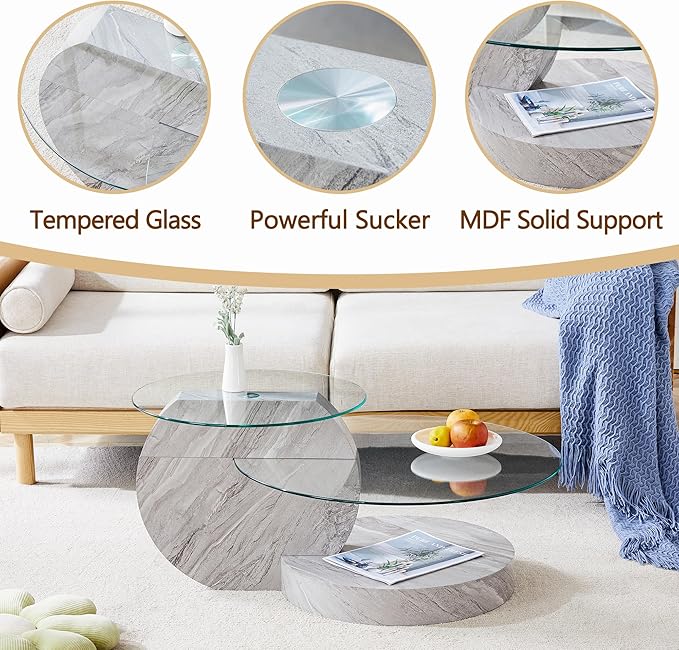 35.4" Glass Coffee Table, Round Coffee Table, 2-Tier Tempered Glass Tabletop with Grey Faux Marble Base, Modern Center Table for Living Room, Home, Apartment, Ideal for Small Space