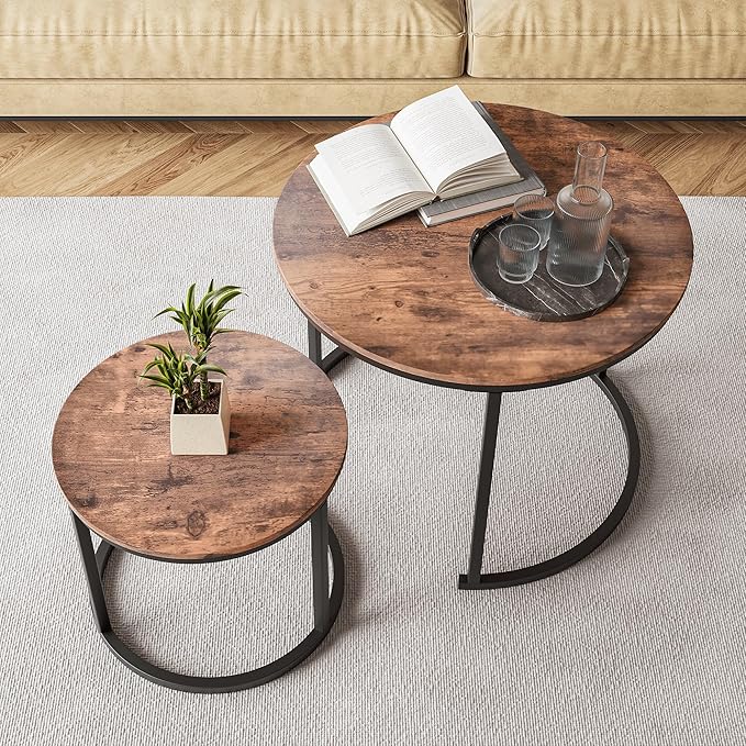 HOJINLINERO Small Coffee Table Living Room, Black Round Coffee Table Nesting Table Set of 2,Metal Frame with Wood Sofa Table,Sturdy and Easy Assembly,Stacking Side Table for Bedroom,Office,Balcony