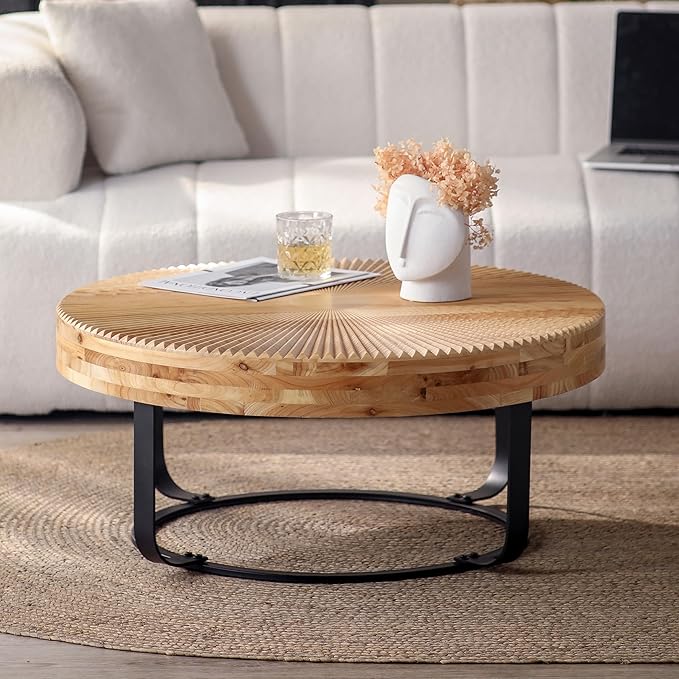 Wood Round Coffee Table, Farmhouse Circle Coffee Table with Metal Base, 31.5" Round Center Table for Living Room Office Natural+Black