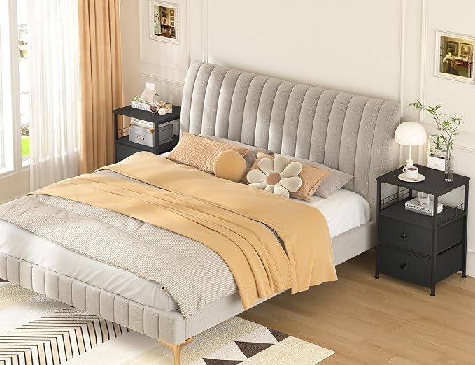 EnHomee 17.8" W Nightstand, End Table with Fabric Drawers and Open Wood Shelf Storage,Safety Netting on 2 Sides of Night Stand,Bedside Table with Metal Frame for Bedroom,Closet, Dorm,Black and Gray - Image 8