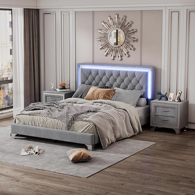 3-Pieces Bedroom Sets, Harper & Bright Designs Queen Size LED Velvet Platform Bed Frame with LED Lights & Tufted Headboard, Wood Slat Support, No Box Spring Needed, Easy Assembly (Grey)