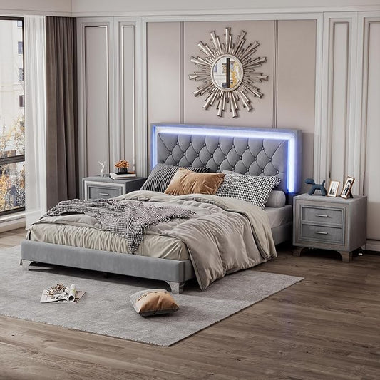 3-Pieces Bedroom Sets, Harper & Bright Designs Queen Size LED Velvet Platform Bed Frame with LED Lights & Tufted Headboard, Wood Slat Support, No Box Spring Needed, Easy Assembly (Grey)