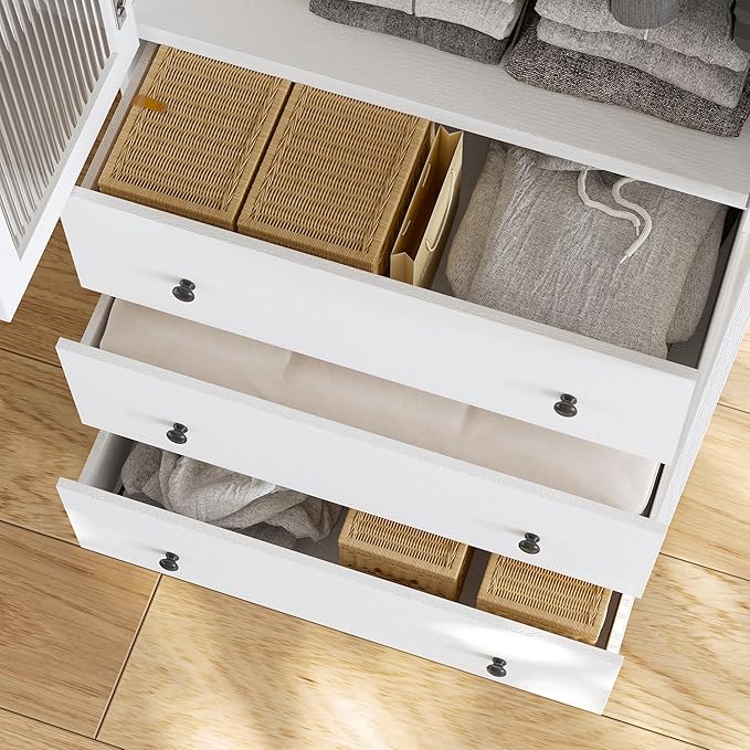 VOWNER 20“D Armoire Wardrobe Closet with Fluted Glass, 71" H Clothing Storage Cabinet with Hanging Rod, 4 Soft-Close Doors Wooden Wardrobe Cabinet for Bedroom, Large Capacity Storage White (AAC)