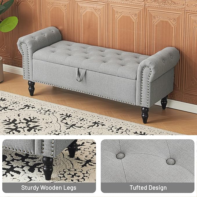Furniliving 51” Bedroom Bench, End of Bed Bench with Button-Tufted Large Upholstered Storage Bench Ottoman Linen Window Benches with Storage Shoe Cabinet, for Bedroom, Entryway, Closet, Grey - Image 4