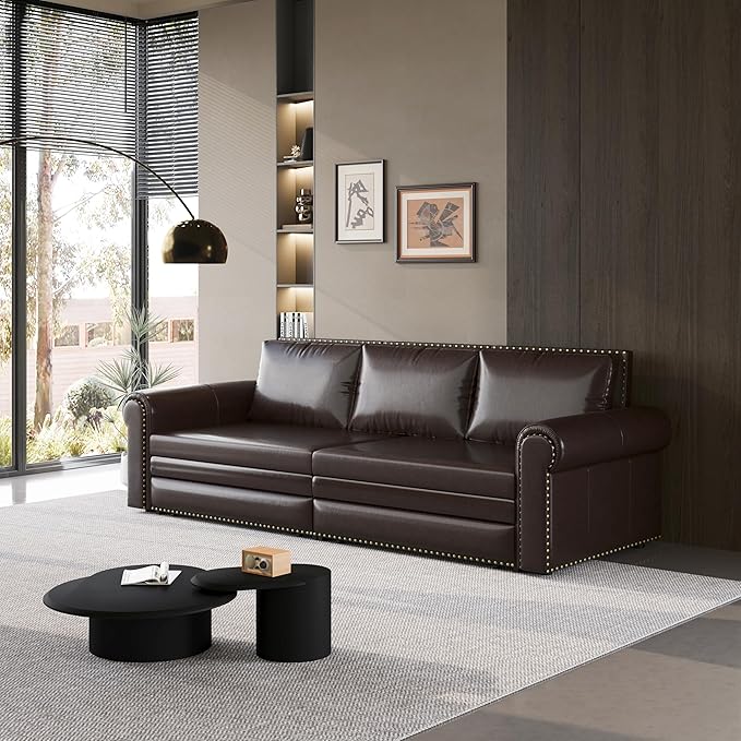 Eafurn 93.7" King Size Pull Out Sofa Bed, 3-in-1 Convertible Sleeper Sofa Couch Bed with Nailhead Decor and Rolled Arms, Faux Leather Oversized Chesterfield Loveseat Chaise Lounge