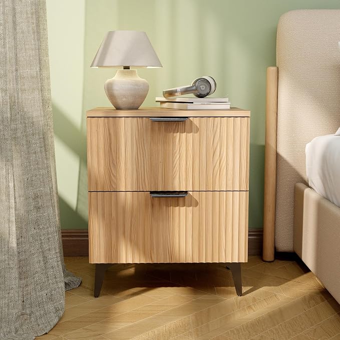 Wood Night Stand Set 2 Fluted Dresser for Bedroom 2 Drawers End Tables Nightstands Set of 2, Storage Modern Bedside Table Set of 2, Oak Nightstand - Image 6