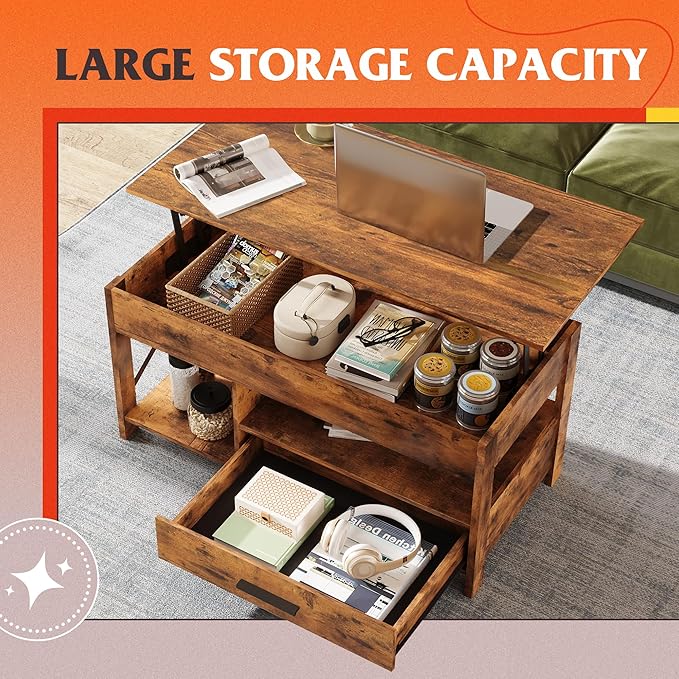 WLIVE Coffee Table, 39" Lift Top Coffee Table with Hidden Compartment, Storage Drawers and Storage Shelf for Living Room, Reception Room, Rustic Brown