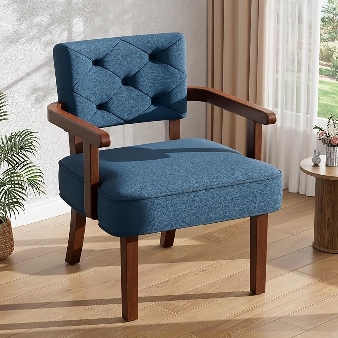 Wood Arm Chair,Upholstered Small Accent Chairs,Butacas para Sala,Mid Century Modern Accent Chair,Tufted Back, Armrest,Cushion, Side Chair for Office,Waiting/Reading/Living Room, Blue