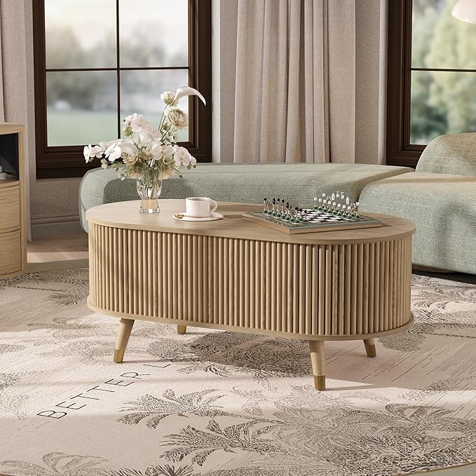 42.5" Oval Lift Top Coffee Table with Storage, Mid Century Modern Oak Center Table with Fluted Design, Solid Wood Legs & Hidden Compartment, Pop Up Cocktail Table for Living Room