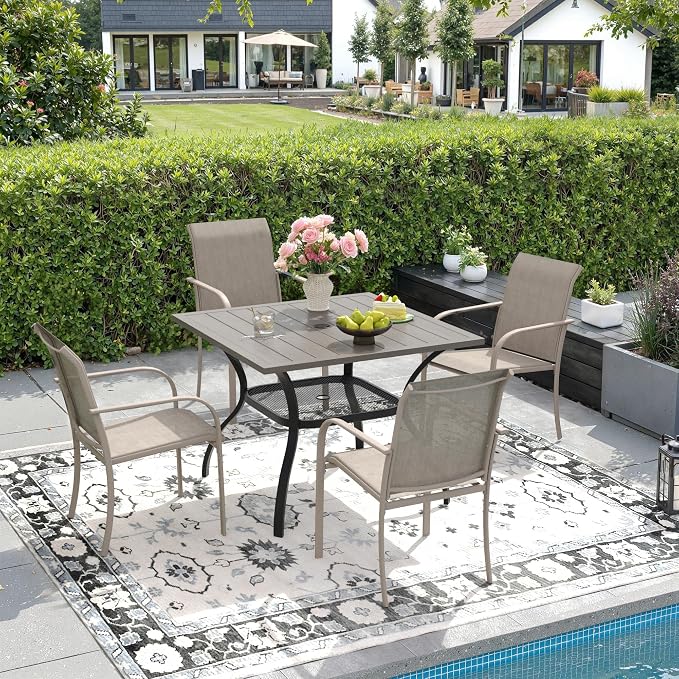 DIFY 5 Pieces Outdoor Patio Dining Set for 4, 37.8" Grey Wood-Like Square Dining Table with Umbrella Hole and 4 Sandshell Stackable Sling Chairs, Outdoor Table and Chairs for Lawn Backyard Garden by DIFY