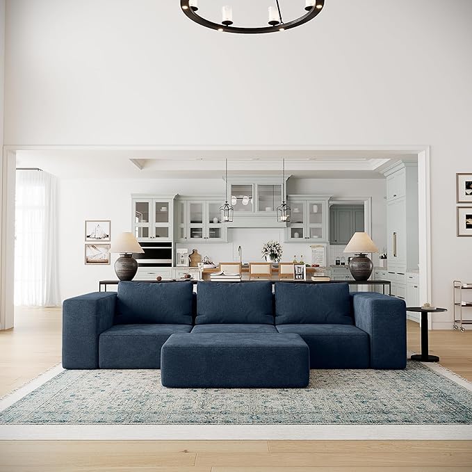Acanva Oversized Modular Sectional Sofa with Removable Washable Slipcovers, Modern Low Profile Deep Seat Couch for Living Room, Chenille-Royal Blue, 3 Armless Chairs & 3 Armrests/Ottomans