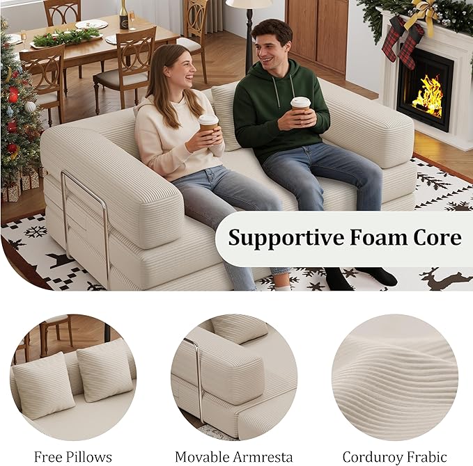 4-in-1 Foldable Sofa Bed Teddy Fabric Foam-Filled Compressed Couch, Beds Queen Size Convertible Sofa Couch Loveseat , Boneless Folding Sleeper for Living Room, Guest Bed, Playroom (Beige, 59” 2 Seat)