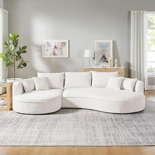 KEIKI 129" Luxury Curved Boucle Sectional Sofa with Left Chaise, Upholstered Modern Style Oversized 5-Seater Couch with Thickened Seat Cushions, Easy Assembly, for Apartment, Living Room, White