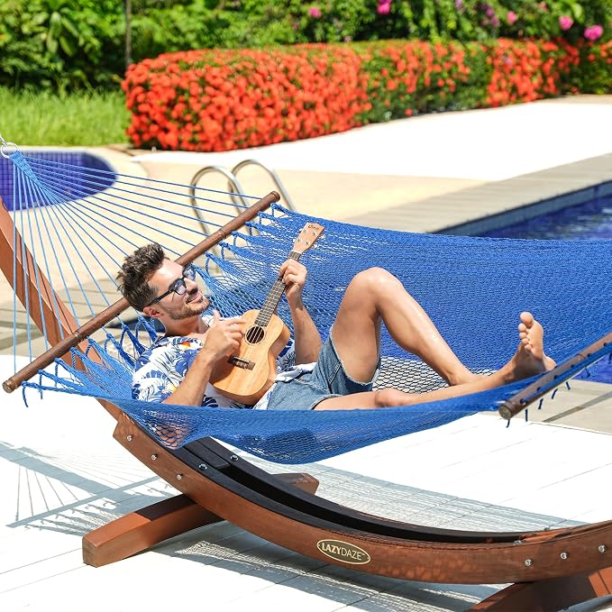Lazy Daze Hammocks 10.5 FT Double 2 Person Caribbean Rope Hammock, Hand Woven Polyester Hammock with Spreader Bars, for Outside Outdoor Backyard Patio Poolside, 450 LBS Capacity, Blue - Image 9