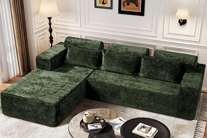 Homguava Modular Sectional Couches for Living Room,105" Cloud Couch with L-Shape Chaise,Comfy Sofa Living Room Couch with Deep Seat,No Assembly L Couch,Luxury Distressed Velvet(Green,L)