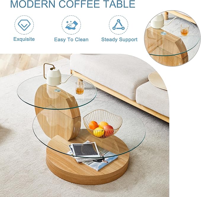 Modern Glass Coffee Table,Small Round Coffee Tables, 42" 3-Tier Circle Wood Coffee Table for Living Room Rustic Circle Center Cocktail Table with Tempered Glass, Unique Accent Table for Small Spaces