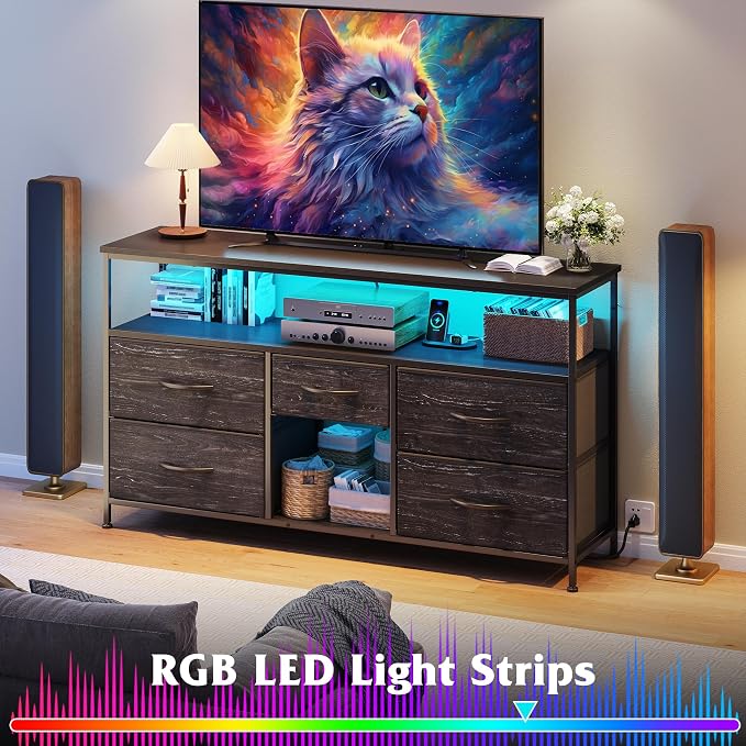TV Stand for Bedroom with LED Lights & Power Outlets, 5 Drawers Dresser Entertainment Center for 45/50" TV, Fabric Dressers with Storage Wood Shelves for Living Room,Dorm, Sturdy Metal Frame, Black - Image 5