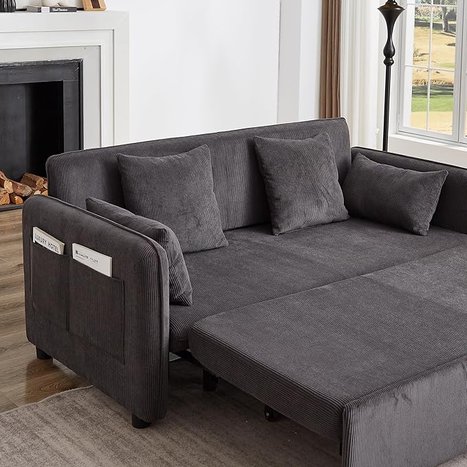 Ball & Cast 66" Convertible Sofa Bed,3-in-1 Corduroy Loveseat Sleeper Pull Out Couch Bed with Pillows and Side Pockets, Deep Seat Comfy Sofa Couches for Living Room,Apartment,Dark Grey