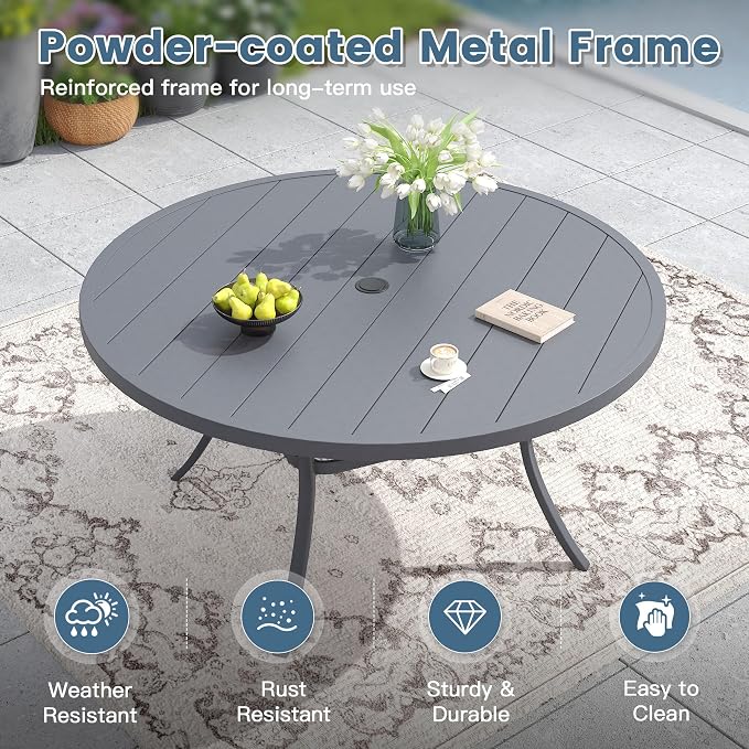 DIFY 9 Pieces Outdoor Patio Dining Set for 8, 53" Round Metal Dining Table and 8 Stackable Textilene Patio Chairs, Outdoor Table and Chairs for Backyard Garden Poolside, Grey - Image 4