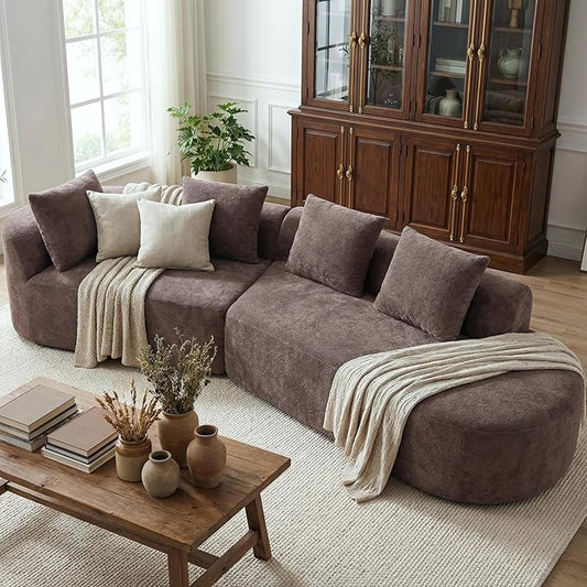 Merax 2-Piece 116" L-Shaped Modular Sectional Sofa Set, 4 Seat Fully Assembled Curved Upholstery Couch with High-Density Compressed Sponge, Chaise Lounge & 4 Pillows for Living Room, Brown
