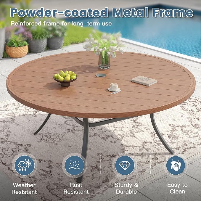 DIFY Patio Dining Set for 10, 11 Piece Outdoor Table and Chairs Set, 63" Walnut Round Metal Patio Dining Table and Brown Textilene Stackable Patio Chairs, for Backyard Garden Poolside - Image 4