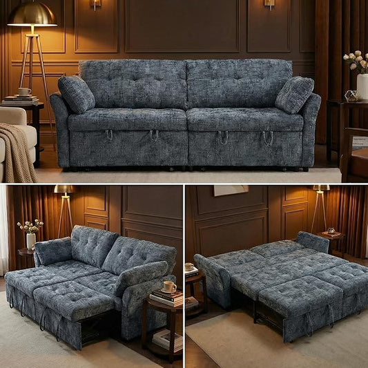 Casaphoria 3 in 1 Convertible Sofa Bed L-Shaped Sleeper with Dual Pull-Out Beds – Space Saving Sectional Couch for Small Spaces Bedroom Guest Room 89.8 Inch Blue