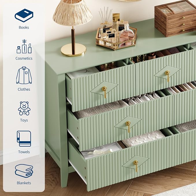 GarveeHome Fluted Dresser for Bedroom, 54 in Wide 7-Drawer Wood Dresser, Modern Chest of Drawers, Storage Organizer Cabinet for Living Room, Hallway, Entryway, Green - Image 3