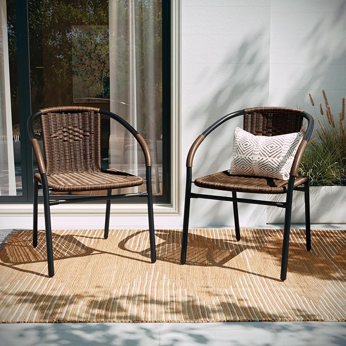 Flash Furniture Lila Modern Rattan Indoor/Outdoor Stackable Dining Chairs, Stacking Rattan Bistro Chairs for Patio or Restaurant, Set of 2, Brown - Image 7