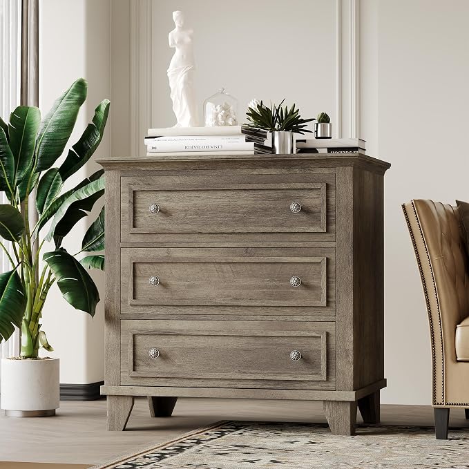 GAOMON 3 Drawer Dresser for Bedroom, Grey Wood Chest of Drawers Bedroom Dresser, Rustic Small Drawers Dressers Nightstand Wooden Closet Storage Cabinet for Living Room by GAOMON
