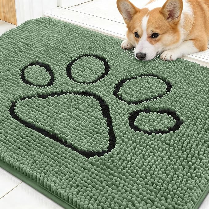OLANLY Dog Door Mat for Muddy Paws 30x20, Paw Print Design, Absorbs Moisture and Dirt, Absorbent Non-Slip Washable Doormat, Quick Dry Chenille Mud Mat, Entry Indoor Entryway Carpet, Olive Green by OLANLY