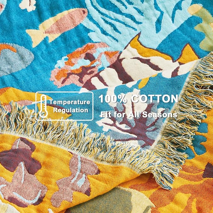 LUTBM Throw Blanket for Couch Sofa 100% Cotton Blankets for Bedroom Living Room Spring Soft All Season Reversible Underwater Ocean Life Embroidery Throws Coastal Home Decor 50"x60"
