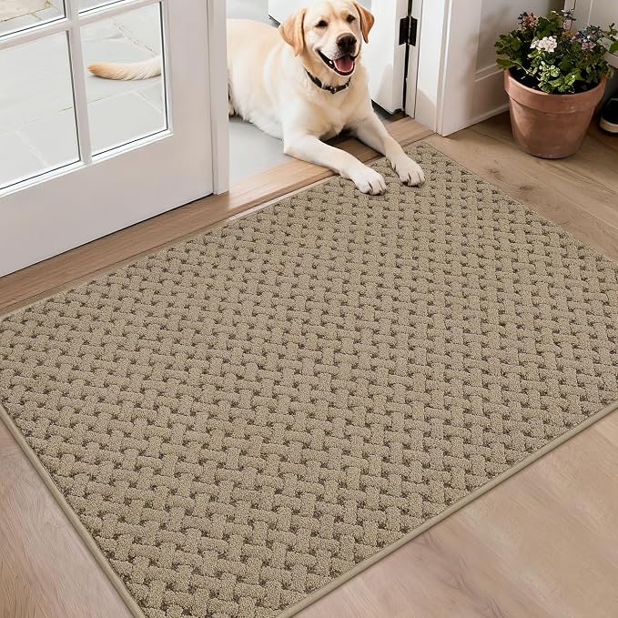 BEQHAUSE Dirt Trapper Door Mat Non-Slip Entryway Rugs Stain Resistant Absorbent Dog Doormats Woven-Look Washable Welcome Floor Doormat for Front Back Door, Dirty Wet Shoes & Paws, 32" x 48", Beige by BEQHAUSE