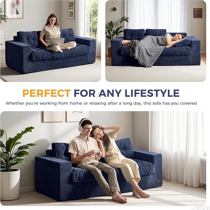 MAXYOYO Oversized Loveseat Sofa Couch, Upholstered Bean Bag Chair Cloud 3-Seat for Adults, Boneless Couch with Tufted Cushion & Pillows, Sofa in A Box, No Assembly Required, Navy
