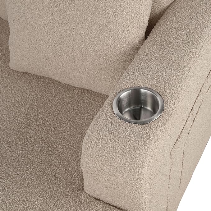 Homes: Inside + Out Reese Modern Plush Boucle Couch with Side Pockets, Cup Holders and USB Ports, Wooden Comfortable Sofa for Living Room, Bedroom and Office, Beige