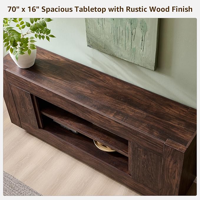 OKD Modern 70" TV Stand, Entertainment Center for TVs Up to 80", Media Console with Large Open Storage & Side Cabinets, Thick Wood Design for Living Room, Dark Walnut - Image 4