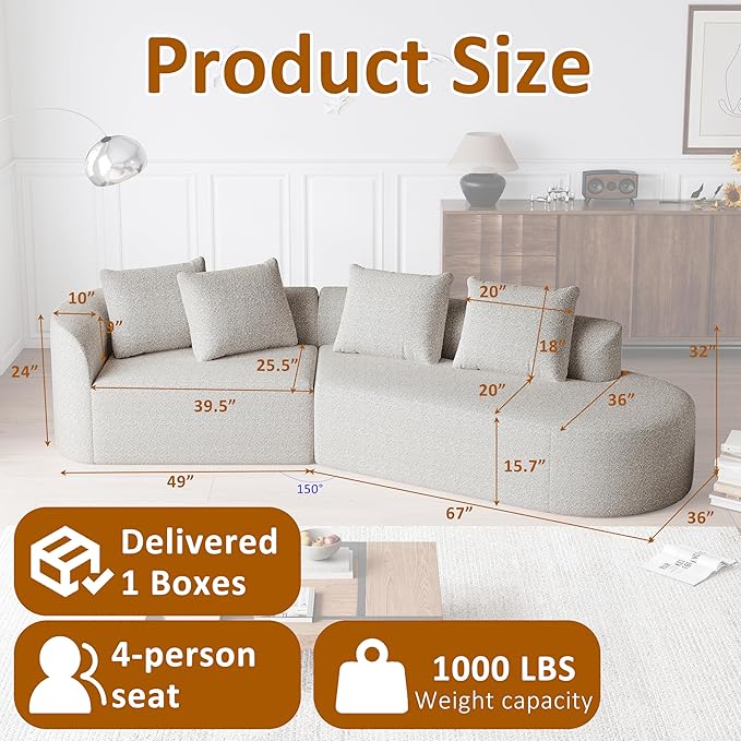 112" Modern Cloud Sectional Sofa, Chenille 4-Seater Curved Couch with 4 Pillows, Extra Deep & Wide Seat, No-Assembly Compressed Upholstered Living Room Sofa for Bedroom,Apartment,Khaki Left
