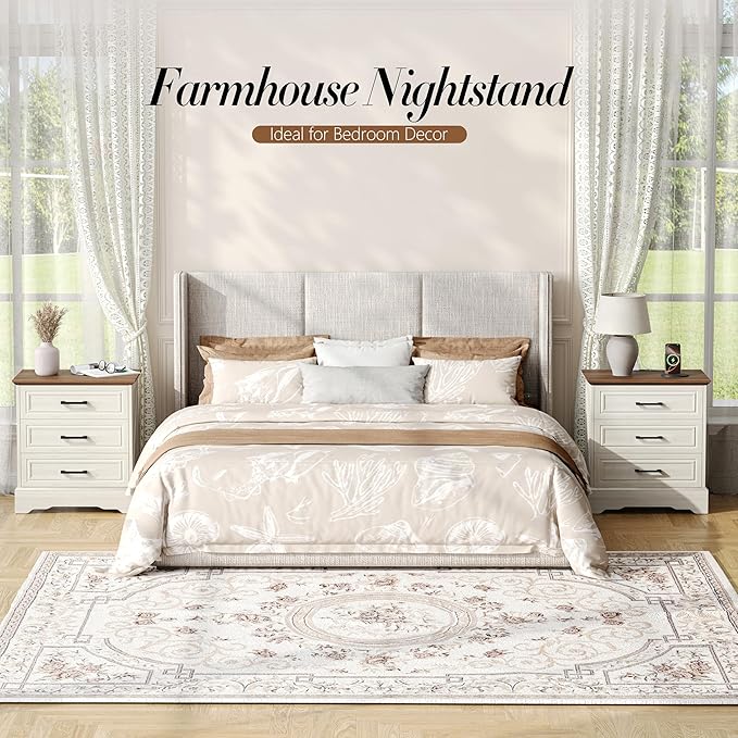 Akxomel Farmhouse Nightstand with Charging Station, 22" Wide Bedside Table with 3 Large Drawers & Bar Handles, Side End Table with Stable Support Base, for Bedroom, Off White - Image 4