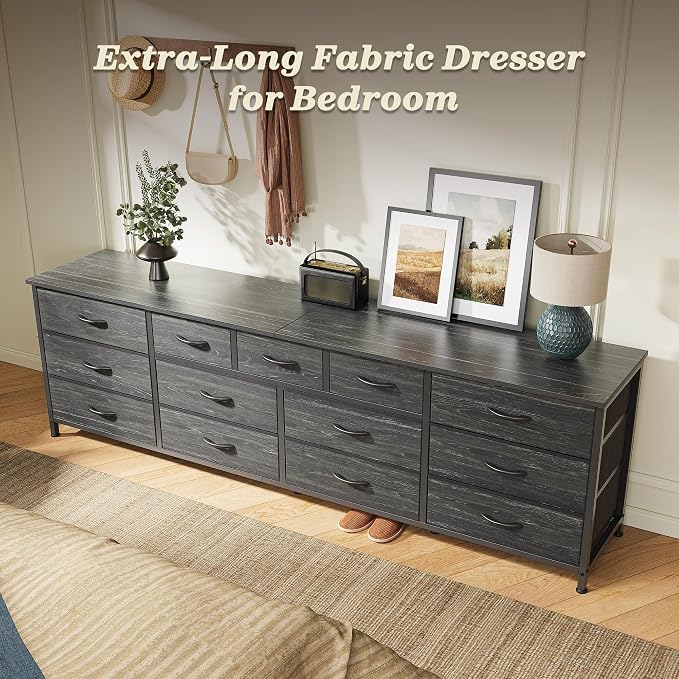 Huuger 70 Inch Dresser for Bedroom, TV Stand for 65, 75, 80 Inch TV, 13 Fabric Drawer Long Dresser, Large Entertainment Center for Bedroom, Wide Chest of Drawer with Storage, Charcoal Black - Image 5