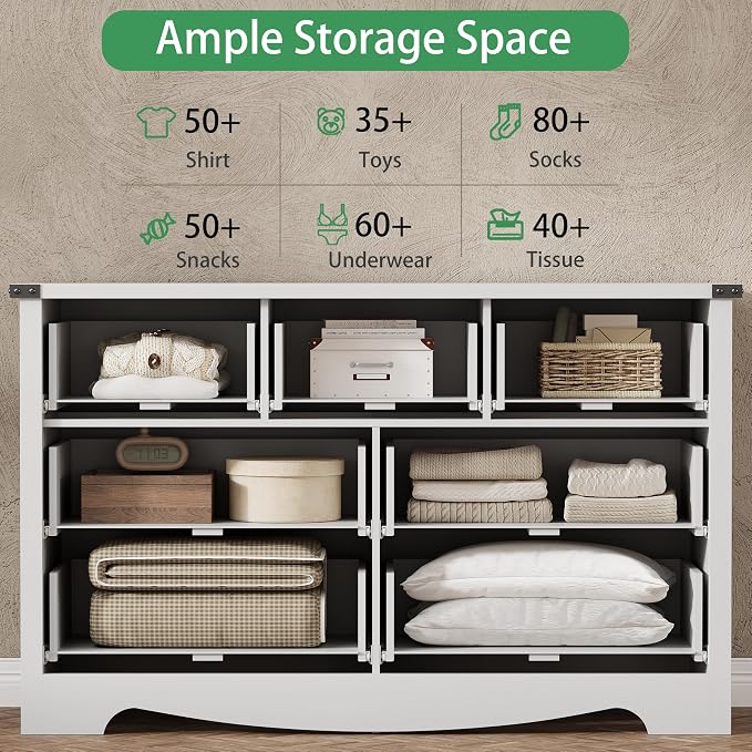 Dresser for Bedroom with 7 Drawers, 58" Wide Wood Chest of Drawers with Deep Drawers & Mental Handle, Modern Dresser TV Stand, Wooden Closet Storage Organizer for Living Room, Hallway, Entryway, White - Image 4